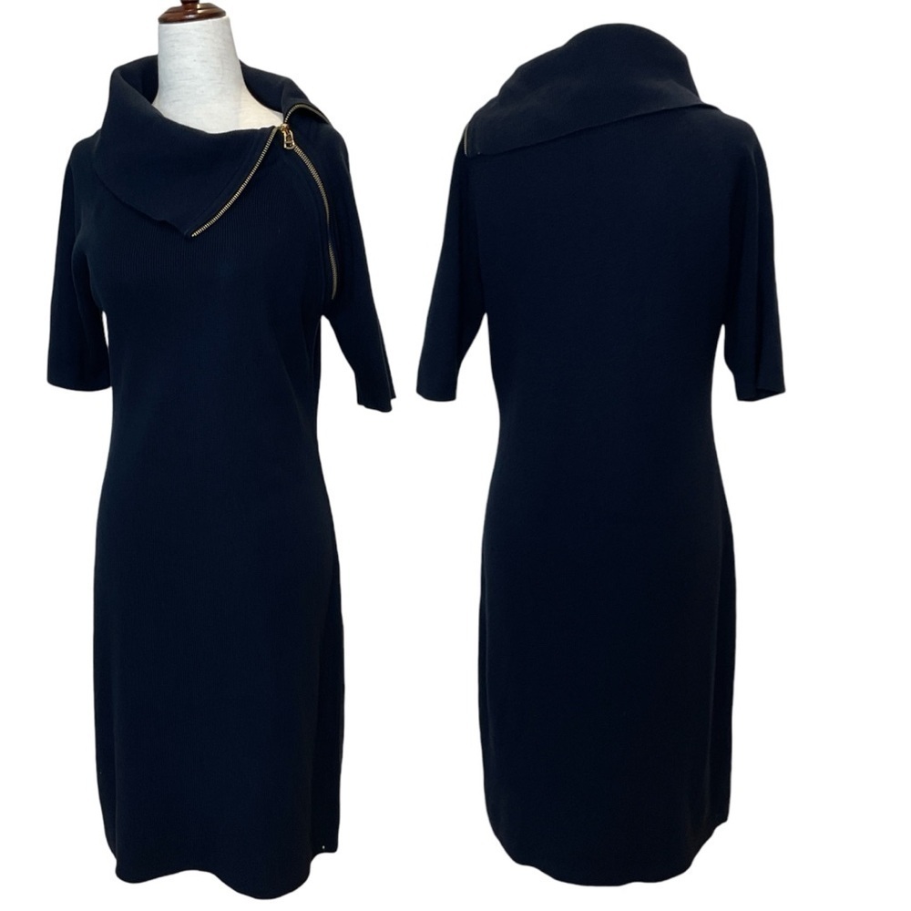 Calvin Klein Ribbed Knit Zip Neck Sweater Dress in Navy Size Medium